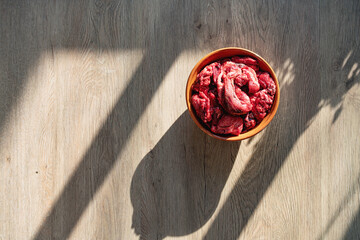 Fresh raw meat in a bowl is healthy food for a dog. View from above.