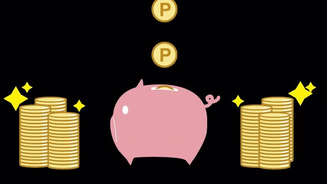 ブタの貯金箱にポイントを入れて貯めているアニメーション動画　アルファチャンネル付き