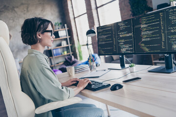 Profile side view portrait of nice smart skilled girl senior manager typing code html css cyber security at workplace workstation indoors
