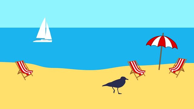 Summer beach: animation with walking seagull, jumping dolphin and boat in the sea (seamless loop)
