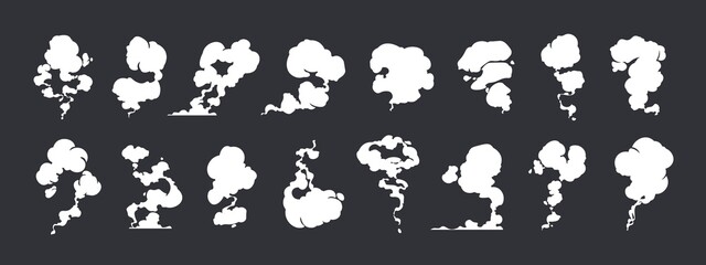 Comic dust effect. Cartoon smoke and steam trails sprite animation, cloud fume and puff motion game asset. Vector coffee vapor and explosion silhouette collection © Tartila