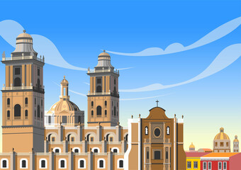 Cityscape with old catholic cathedral, old houses and churches in the background. Handmade drawing vector illustration.