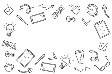 Doodle set business concept, vector illustration of icons business idea, office work.