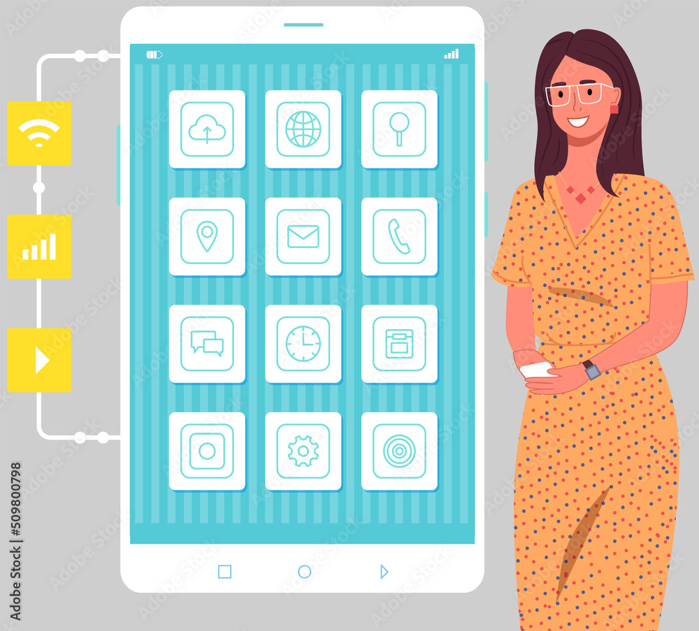 Poster work with creation of applications. woman stands next to phone witth app icons layout on screen. sof