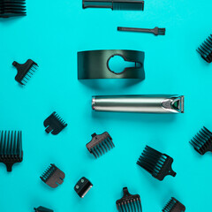 Professional hairdressing tools full frame on bluebackground
