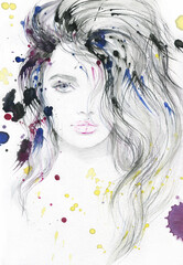 watercolor painting. abstract woman portrait. illustration.  - 509800924