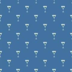 Martini glass with olive and skewer seamless pattern. Doodle style. Color hand drawn image. Repeat template. Party drinks concept. Freehand drawing. Cartoon sketch graphic draft