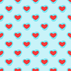 Line art seamless pattern in the form of a red heart on blue shape. Romance graphic texture. Holiday celebration concept. Decorative print. Geometric bright wallpaper. Black contour line