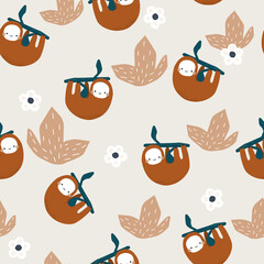 Seamless pattern with cute little sloth bear. Jungle kids print. Vector hand drawn illustration.