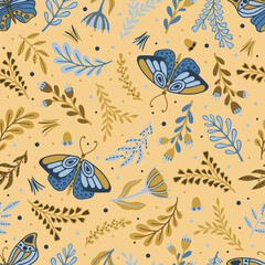 Vector seamless pattern with summer herbs and butterflies
