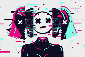 Cybepunk girl. Woman gamer. Cartoon vector illustration. Glitch style. Game over concept.