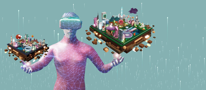 the sandbox Land Gamers using VR glasses Trading the land in the sandbox and Metaverse 3D Illustration