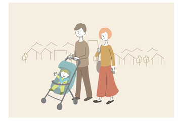 ベビーカーを押して歩く家族のイラスト