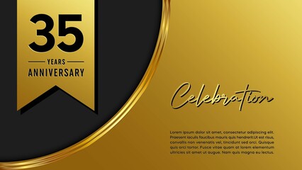 35th anniversary logo with golden ribbon for booklets, leaflets, magazines, brochure posters, banners, web, invitations or greeting cards. Vector illustration.