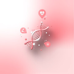 3D DNA gene with health icon on a pink and white background.3D health problem and medical concept.3d vector illustration.