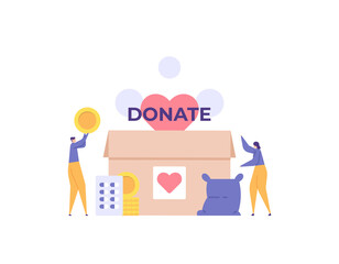 charity event. donations, humanitarian and social assistance, alms. a group of volunteers work together to collect food aid, medicine, and money to donate. donation box. flat cartoon illustration