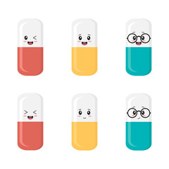 Vector emoji set with medicine pills in kawaii style. Funny cartoon emoticons.