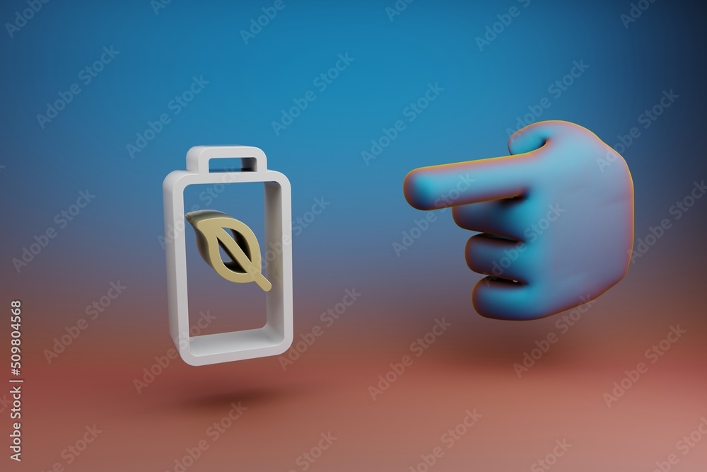 Leinwandbilder Beautiful illustrations abstract Hand index finger points to clean energy symbol icon on a multicolor bright background. 3d rendering illustration. Background pattern for design.