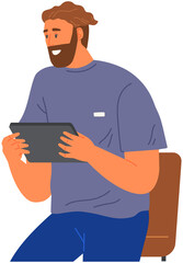 Smiling man sitting on chair holds tablet in his hands. Casual male character chilling and browsing social media on electronic device. Guy uses gadget for chatting, surfing internet, watching video
