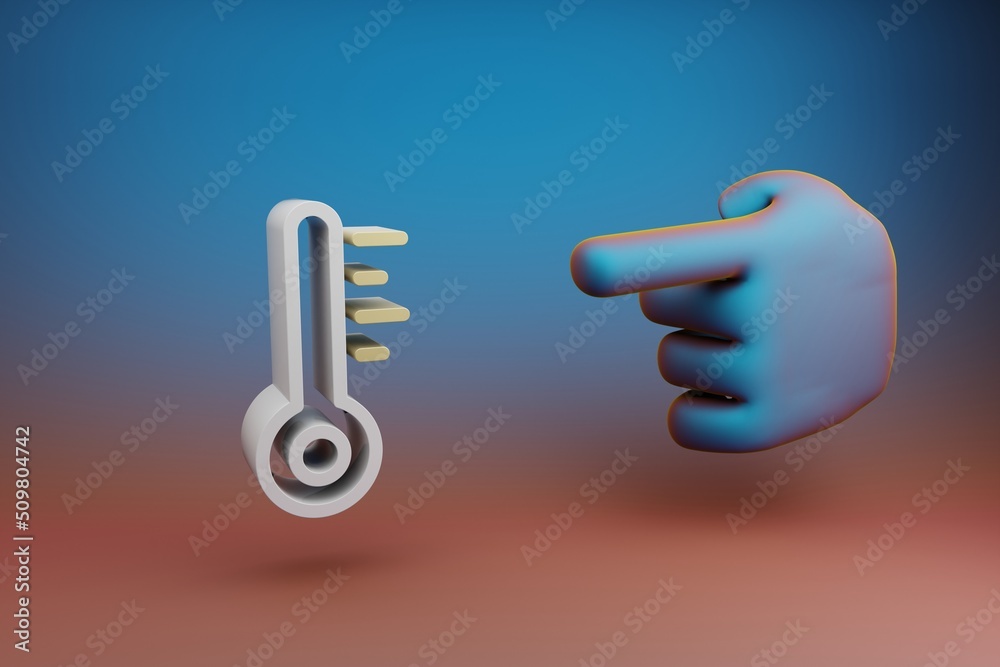 Fototapete Beautiful illustrations abstract Hand index finger points to Thermometer symbol icon on a multicolor bright background. 3d rendering illustration. Background pattern for design.