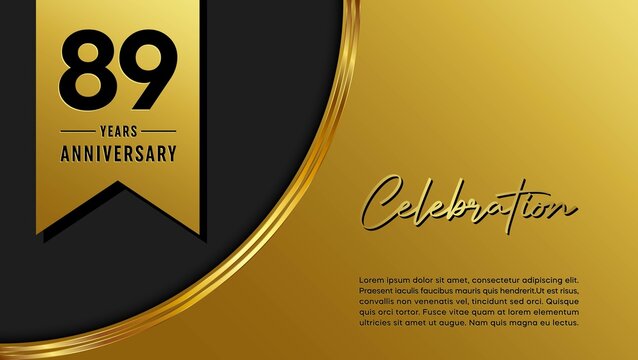 89th anniversary logo with golden ribbon for booklets, leaflets, magazines, brochure posters, banners, web, invitations or greeting cards. Vector illustration.