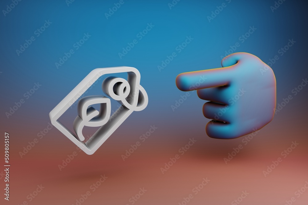 Leinwandbilder Beautiful illustrations abstract Hand index finger points to badge clean energy symbol icon on a multicolor bright background. 3d rendering illustration. Background pattern for design.