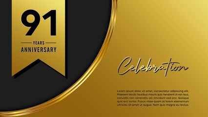 91th anniversary logo with golden ribbon for booklets, leaflets, magazines, brochure posters, banners, web, invitations or greeting cards. Vector illustration.
