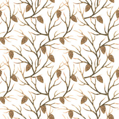 Dry tree branches and triangular cones. Brown intertwining branches. Forest motif. Tree texture.