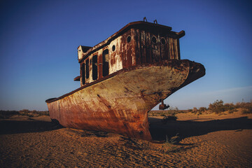 Cemetery of old ships on the former bank of Aral sea, Muynak, Uzbekistan