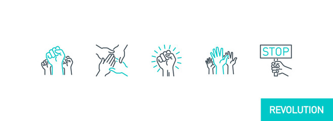 raised up fist in protest no war single line icons set isolated on white. Perfect outline symbol raised up fist revolution riot. freedom power design with editable Stroke. People rights line icons set