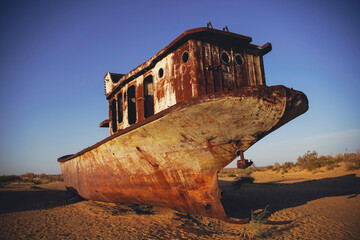 Cemetery of old ships on the former bank of Aral sea, Muynak, Uzbekistan