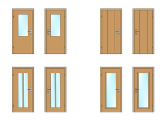 8 wooden doors, left and right, with glass and metal fittings, vector
