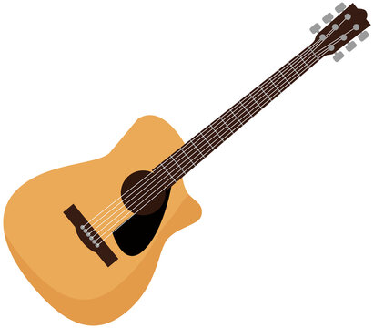Acoustic guitar on white background. Musical string wooden instrument collection for string melody. Rock or jazz equipment accompaniment of musician on stage, vintage musicants classical apparatus