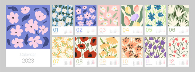 Fototapeta na wymiar Floral calendar template for 2023. Vertical design with bright colorful flowers and leaves. Editable illustration page template A4, A3, set of 12 months with cover. Vector mesh. Week starts on Monday.