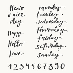 Calendar and date calligraphy set with week days, numbers