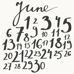June calendar with calligraphy month name, uneven numbers.
