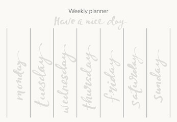 Weekly planner page template with calligraphy week days