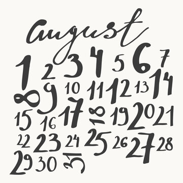 August calendar with calligraphy month name, uneven numbers