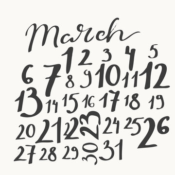 March calendar with calligraphy month name, uneven numbers.