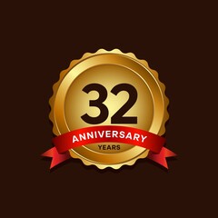 32 years anniversary logo with ribbon, golden Anniversary for booklet, leaflet, magazine, brochure poster, banner, web, invitation or greeting card. Vector illustrations.