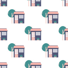 seamless tree house pattern - purple house pattern. Decoration, cover, book, planner, gift wrapping, stationery