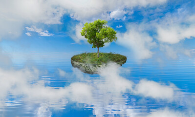 Amazing island with grass and a tree  floating in the air above the sea with white clouds