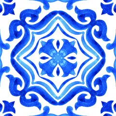 Azulejos - Portuguese tile blue watercolor pattern. Traditional ornament.