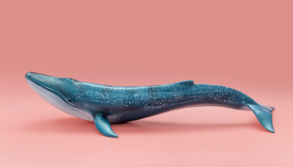 The whale is viewed from the side on a pink background. Coral