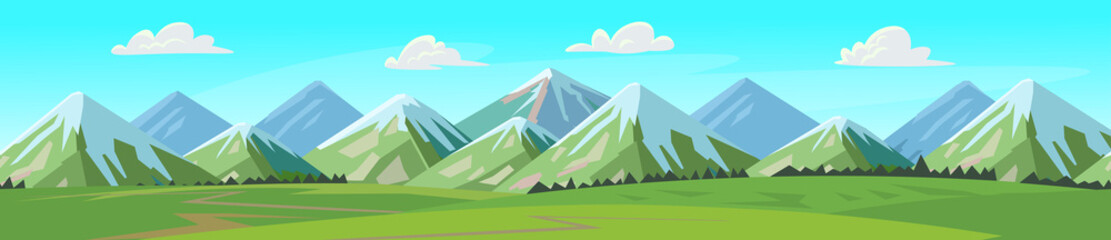 Mountains seamless pattern. Landscape with hills, meadows, blue sky with white clouds.Vector banner for eco products.