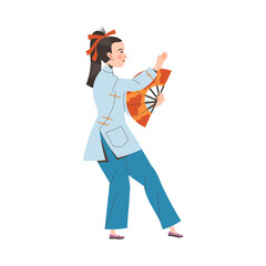 Tai Chi Practice with Woman in Kimono with Fan Doing Qigong Exercise as Internal Chinese Martial Art Vector Illustration