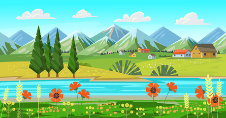Background with fields and mountains, river or lake. landscape with hills, meadows, blue sky with white clouds.Vector banner for eco products.