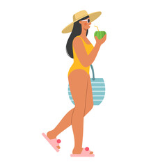 Beautiful woman wearing a swimsuit, sunglasses and hat holding cocktail. Summer vacation, rest and relax. Leisure on a beach. Flat vector illustration. 