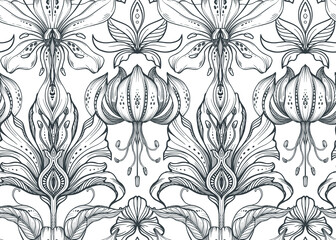 Beautiful vector seamless pattern with hand drawn floral elements, flowers and leaves.