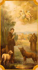 VALENCIA, SPAIN - FEBRUAR 17, 2022: The painting of St Francis of Assisi preaching to animals in the church Iglesia de San Lorenzo by Manuel Diago Benlloch from 20. cent. - obrazy, fototapety, plakaty